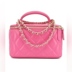 Pink Genuine Leather Diamond Quilted Chain Strap Vanity Case